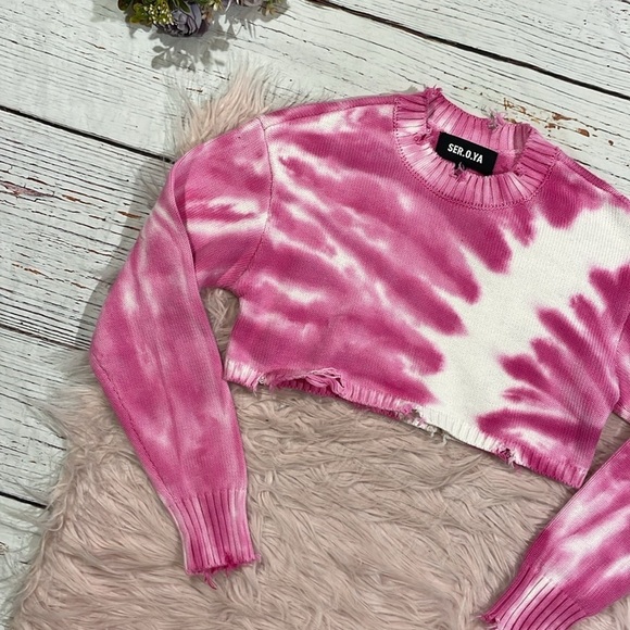 NWT SER.O.YA Paige Distressed Cropped Sweater Pink Line Tie Dye - Picture 5 of 9